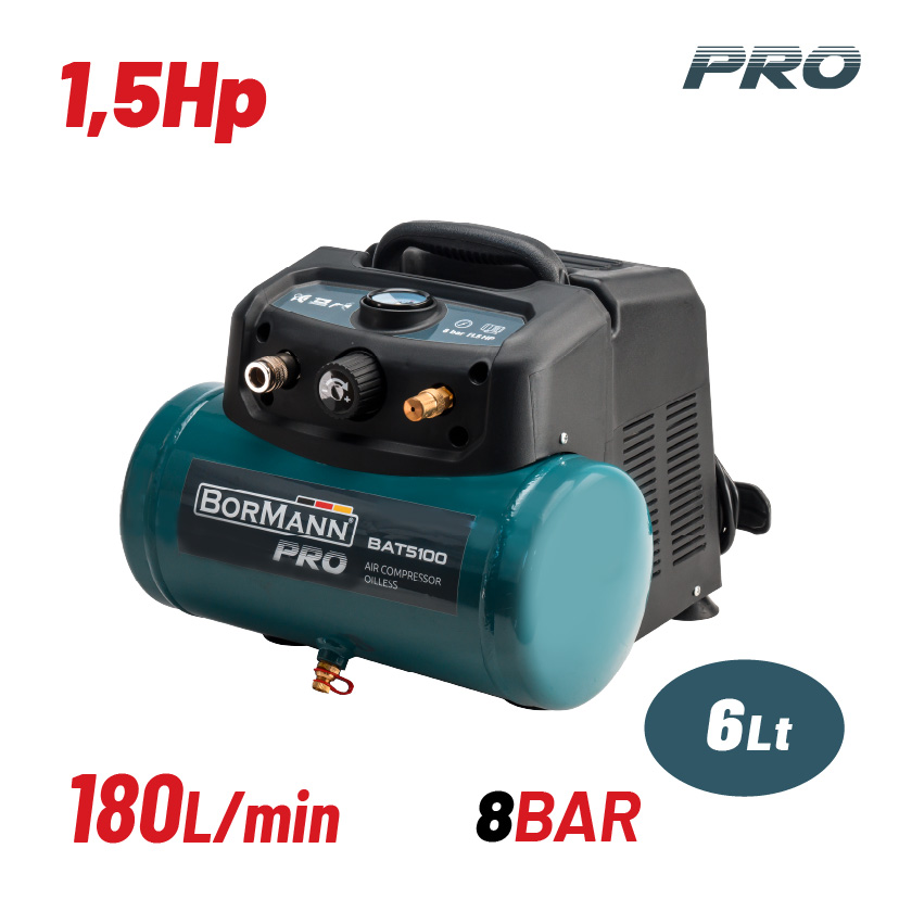 BORMANN Pro BAT5100 Αεροσυμπιεστής Μονομπλόκ, Oil free, Silent, Brushless 1.5Hp, 6Lt, 180L/min - Photo 1