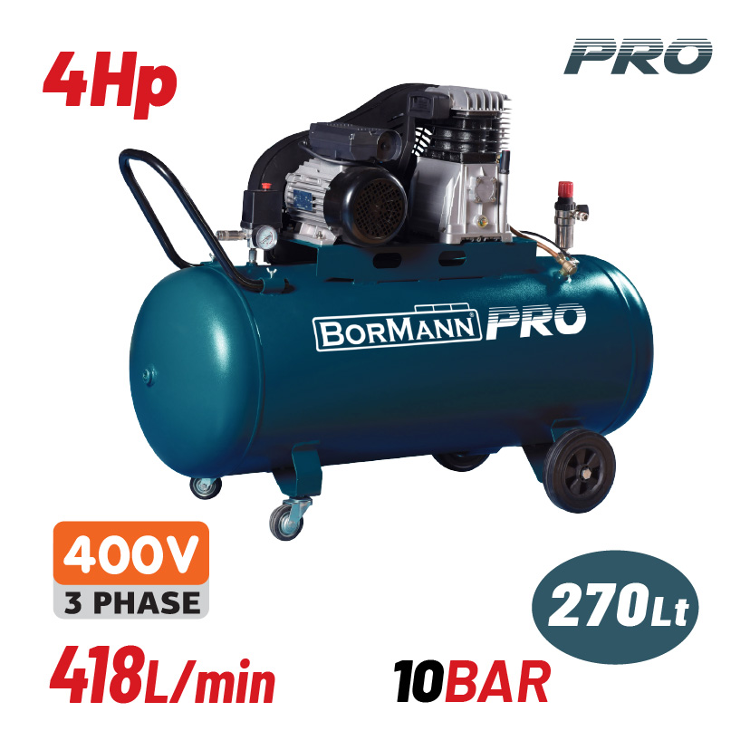 BORMANN Pro BAT5300 Αεροσυμπιεστής Ιμάντα,Τριφασικός,4Hp,270L,481L/min - Photo 1