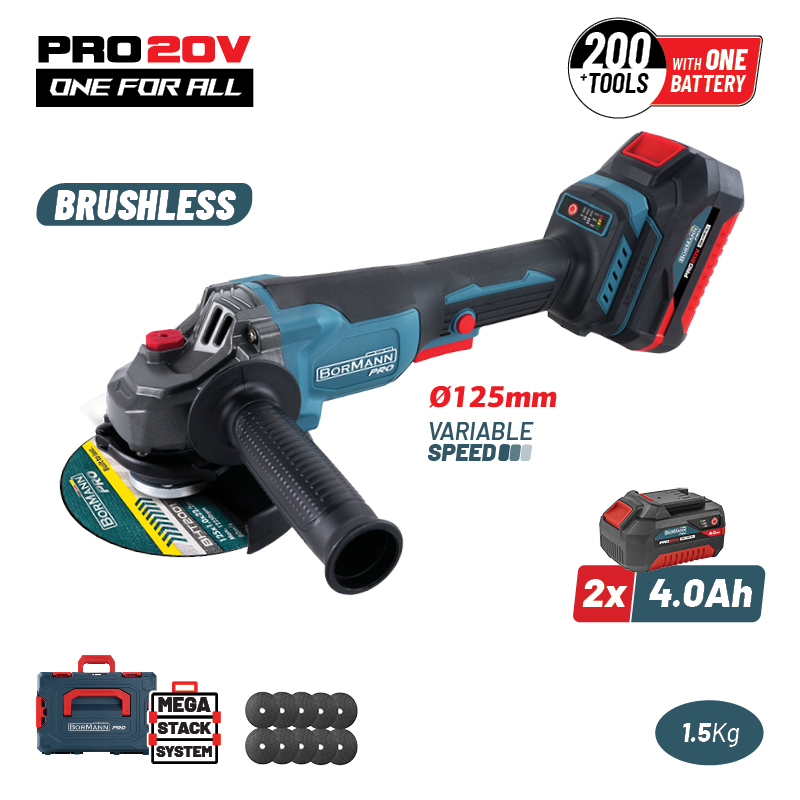 BORMANN Pro BBP3651X44CA Γωνιακός Τροχός Brushless Ρυθμιζόμενος 20V, 3000/5400/8000rpm, 2x4.0Ah - Photo 1