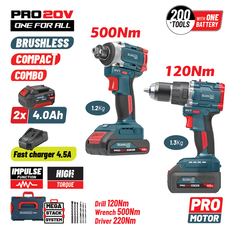 BORMANN Pro BBP5465X44T2CA Σετ Compact Brushless Κρουστικό Δραπανοκατσάβιδο & Μπουλονόκλειδο 2σε1 - Photo 1
