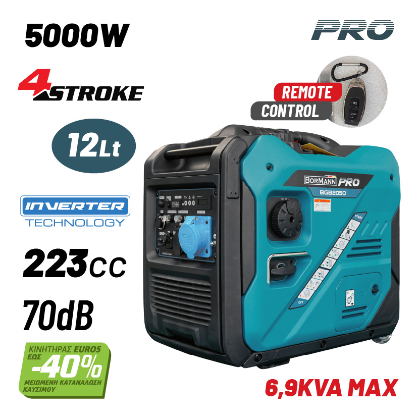 BORMANN Pro BGB2050 Γεννήτρια Βενζίνης Inverter με Ρόδες Συνεχ.Απόδοση 5000W,223cc,70dB-Τηλεχειρισμό - Photo 1