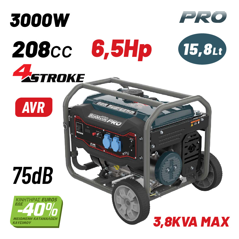 BORMANN Pro BGB3700 Γεννήτρια Βενζίνης 3000W,4kVA,224cc,75dB,AVR,Τροχοί - Photo 1