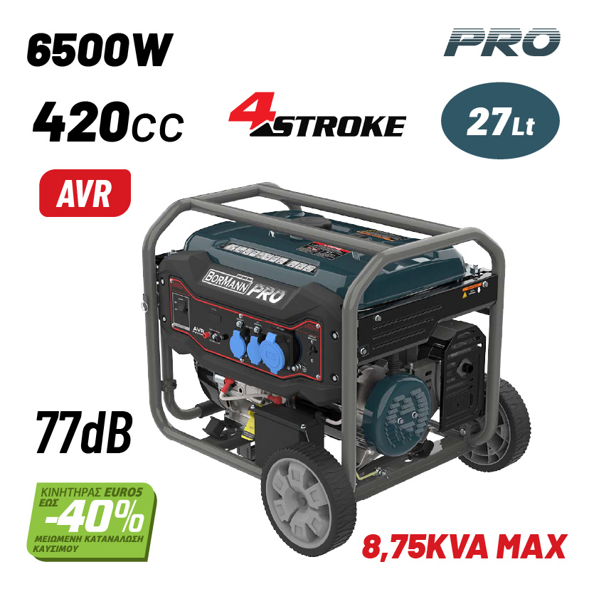 BORMANN Pro BGB8000 Γεννήτρια Βενζίνης 6500W,9kVa,77dB,ΑVR,Μίζα,Μπαταρία,Τροχοί - Photo 1