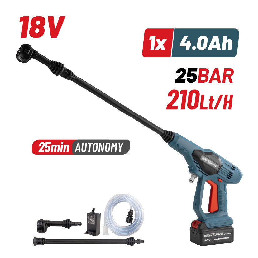 BORMANN Pro BPW1100 Πλυστικό Μπαταρίας 25Bar,180Lt/H,1.7Kg,4Ah,Πιστόλι με 5 Λειτουργίες - Photo 1