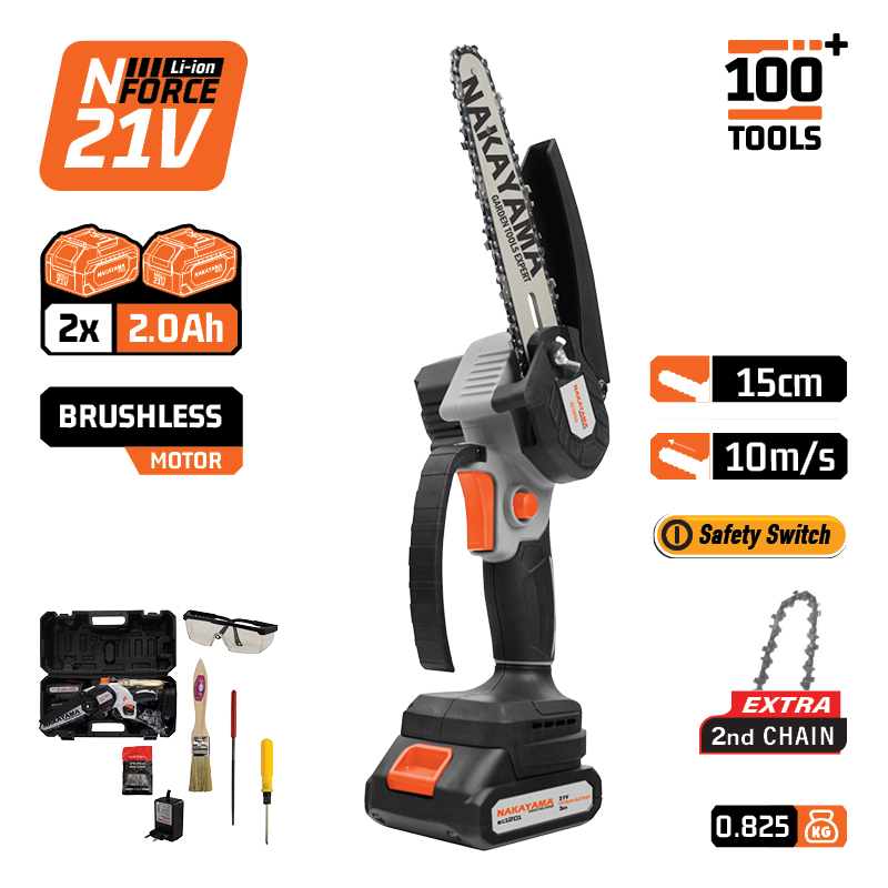 NAKAYAMA EC1050 Κλαδ Αλυσοπρίονο Μπατ 21V, Brushless, Λάμα 15cm, 825gr, 1/4"1.1m 37οδ,11m/s,2x2ah - Photo 1