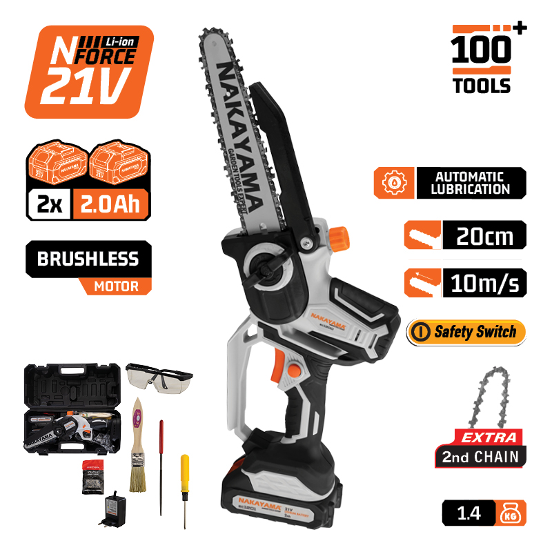NAKAYAMA EC1200 Κλαδ Αλυσοπρίονο Μπατ 20V, Brushless,Λάμα 20cm, 1,3kg, 1/4"1.1mm,46Links,10m/s, 2x2A - Photo 1