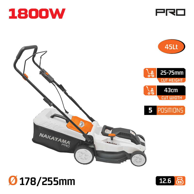 NAKAYAMA EM4021 Χλοοκοπτική Ηλεκτρική 1800W, Κοπή 43cm, Κάδος 45L, Ρύθμιση 5 Θέσεων (25-75mm) - Photo 1
