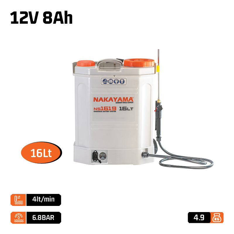 NAKAYAMA NS1619 Ψεκαστήρας Πλάτης Μπαταρίας 12V,8Ah,16Lt με Ανοξείδωτο Τηλεσκοπικό Αυλό - Photo 1
