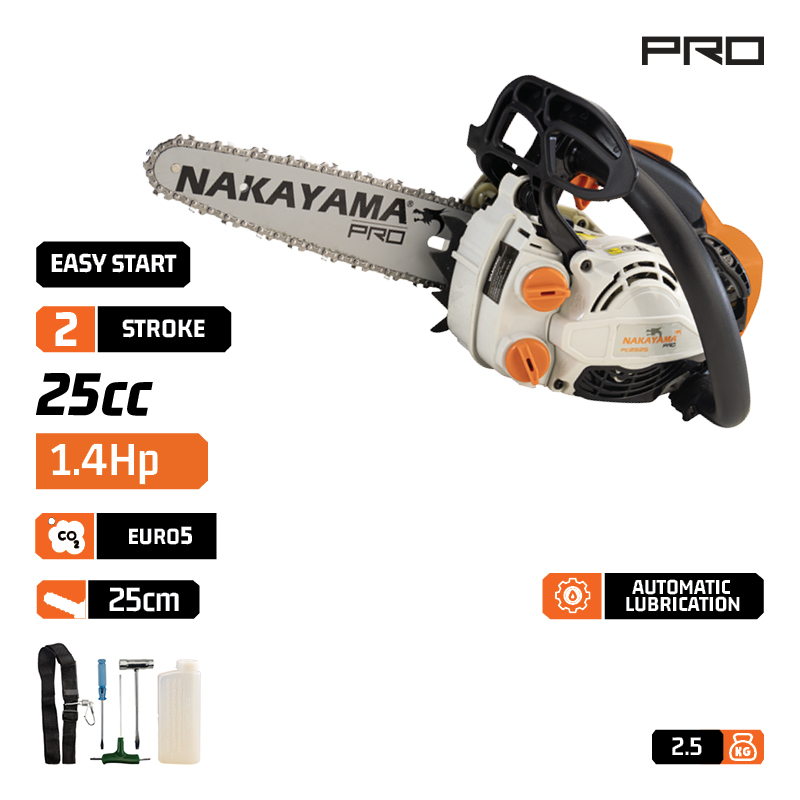 NAKAYAMA Pro PC2525 Αλυσοπρίονο Κλαδευτικό Βενζίνης 25cc/1.4Hp,Λάμα 25cm,1/4''X1,1mm/56, 2,5Kg - Photo 1