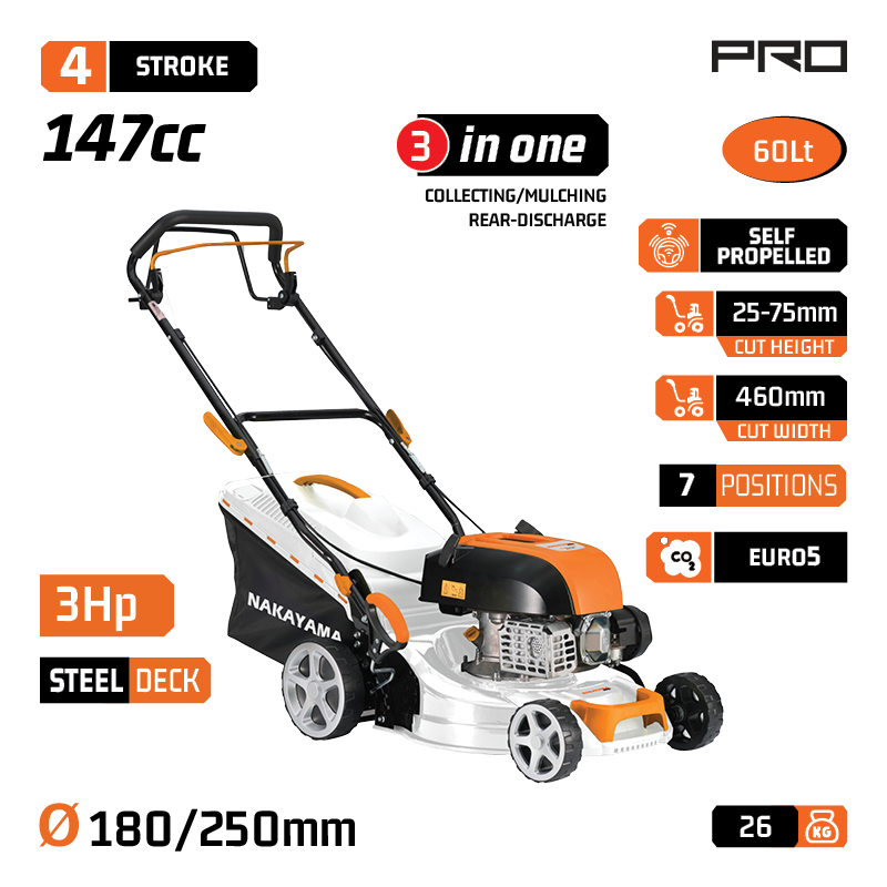 NAKAYAMA Pro PM5465 Χλοοκοπτική Βενζίνης Αυτοκινούμενη,149cc, Πλάτος Κοπής 46cm, Κάδος 60L - Photo 1